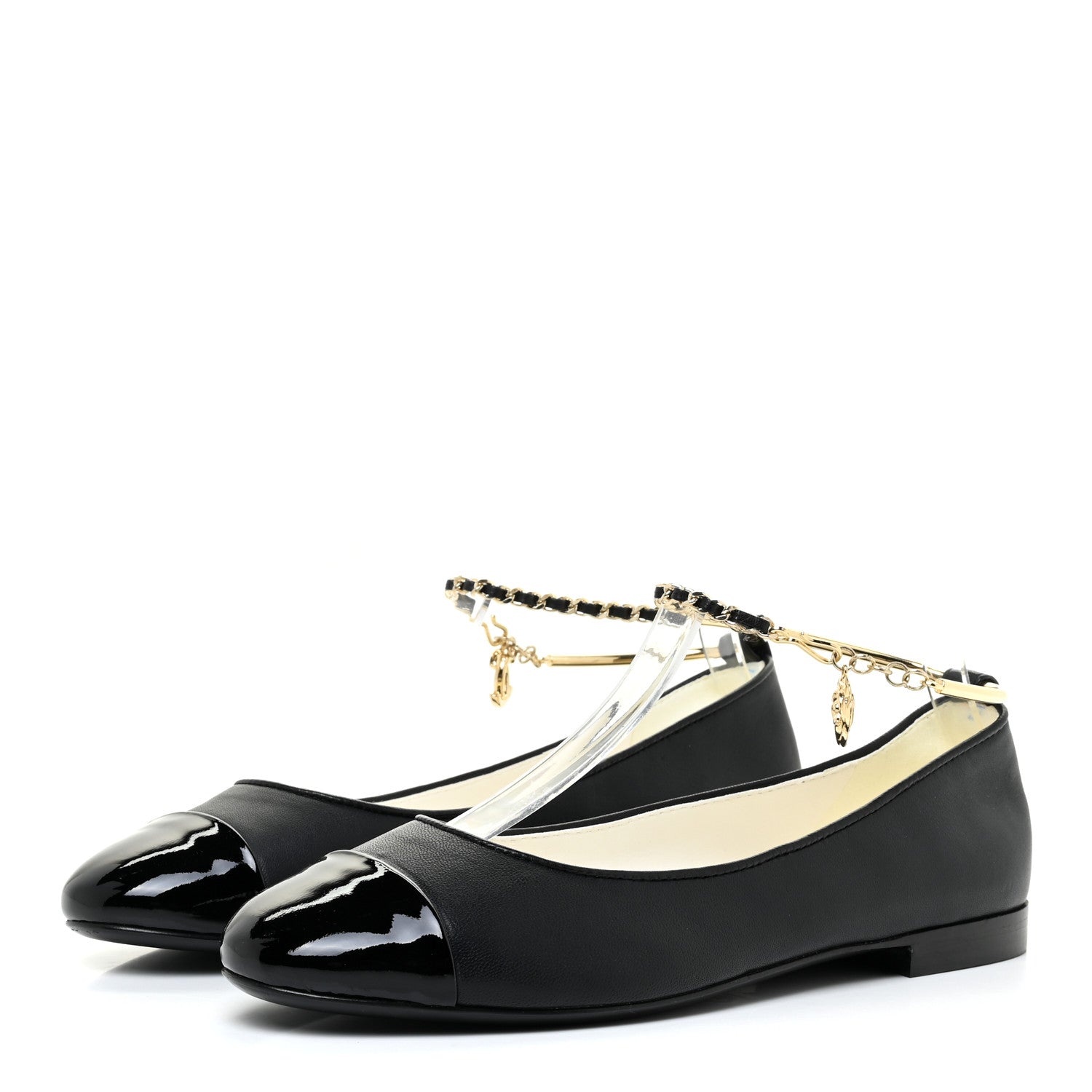 Chanel Lambskin Patent Calfskin Cap Toe Ankle Chain Ballerina Flats 37 Black 3 of 12