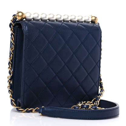 Chanel Iridescent Lambskin Quilted Chic Pearls Flap Navy Blue 3 of 10