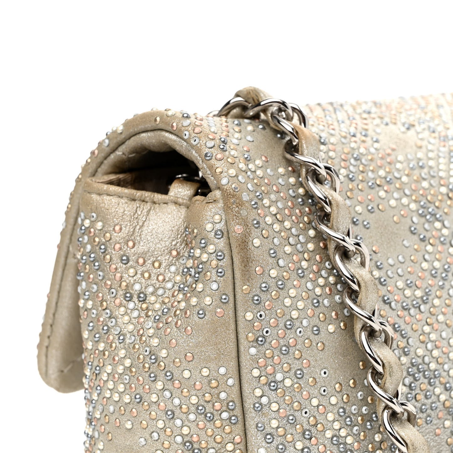 Iridescent Calfskin Studded Mini Flap Silver
