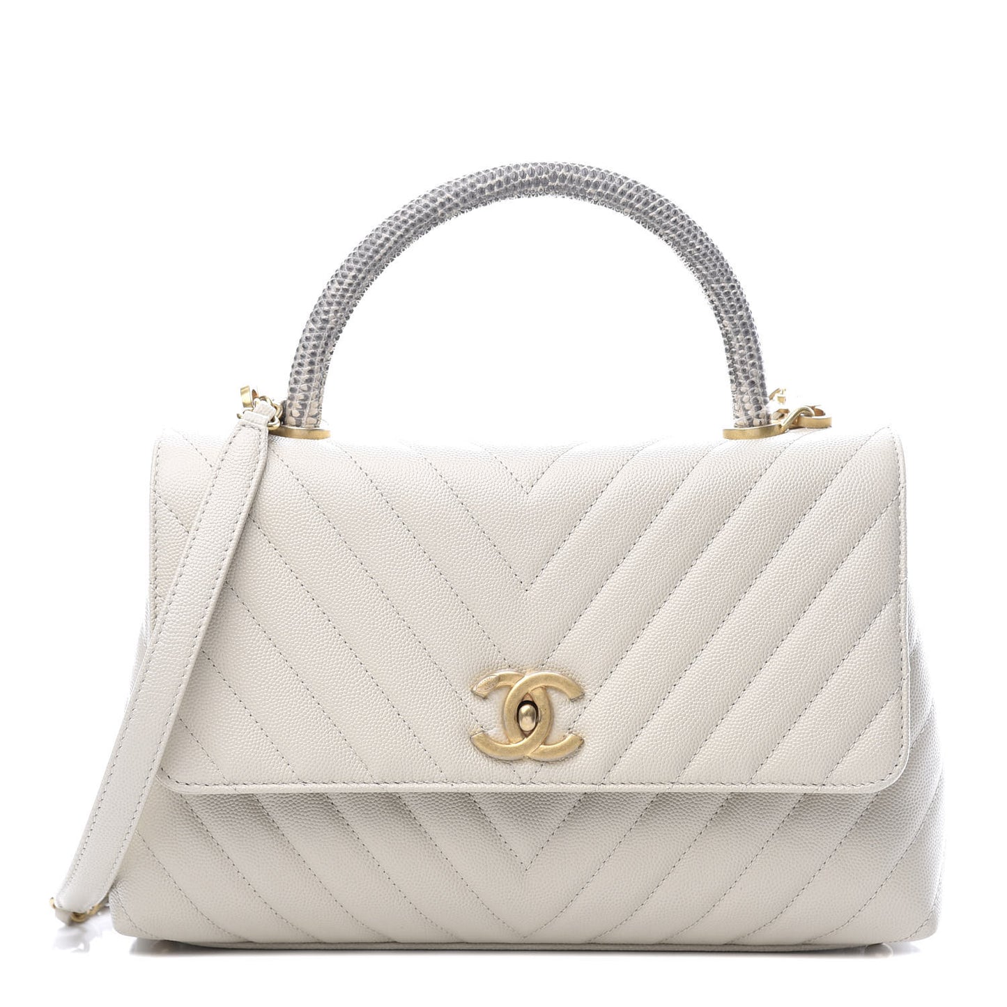 Caviar Lizard Chevron Quilted Small Coco Handle Flap Ivory