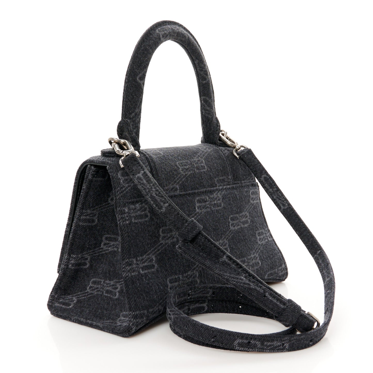 Washed Denim BB Monogram Small Hourglass Top Handle Bag Black