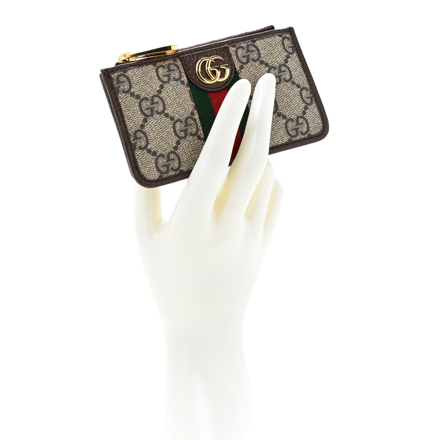 GG Supreme Monogram Web Ophidia Zip Card Case Brown
