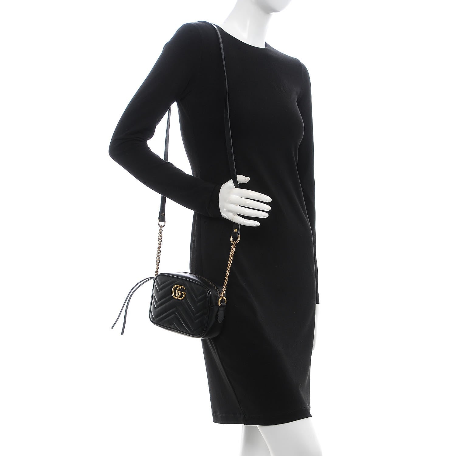 Gucci Calfskin Matelasse Mini GG Marmont Chain Shoulder Bag Black 2 of 8