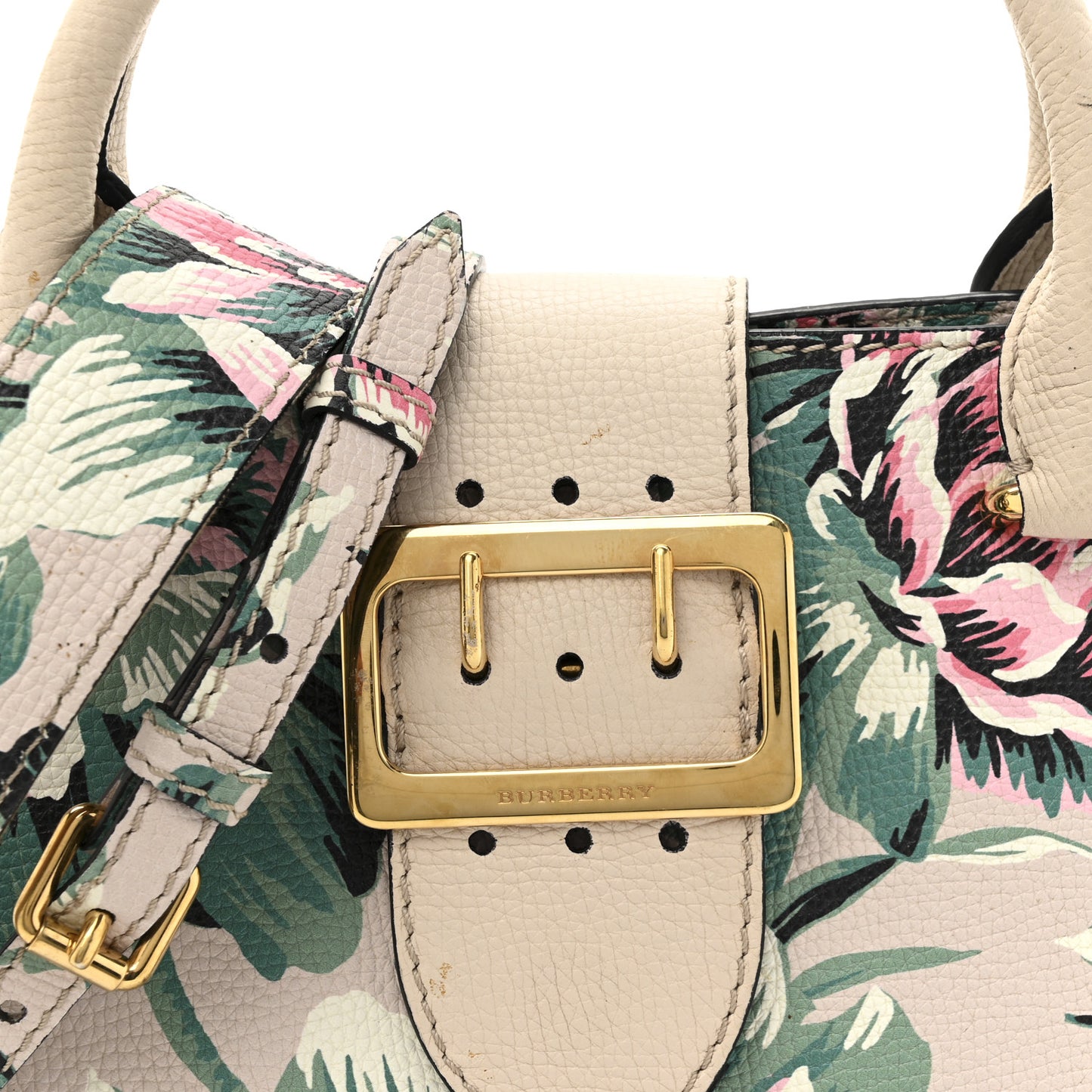 Soft Grain Calfskin Floral Print Medium Buckle Tote Natural Emerald Green