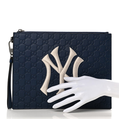 Gucci X MLB Guccissima NY Yankees Zip Wristlet Pouch Royale Ivory 2 of 7