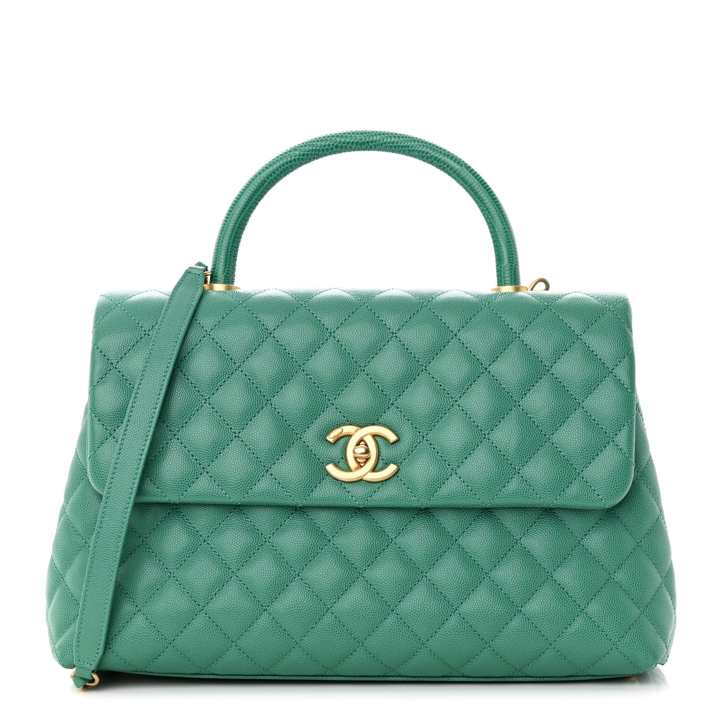 Caviar Quilted Medium Coco Lizard Embossed Handle Flap Green