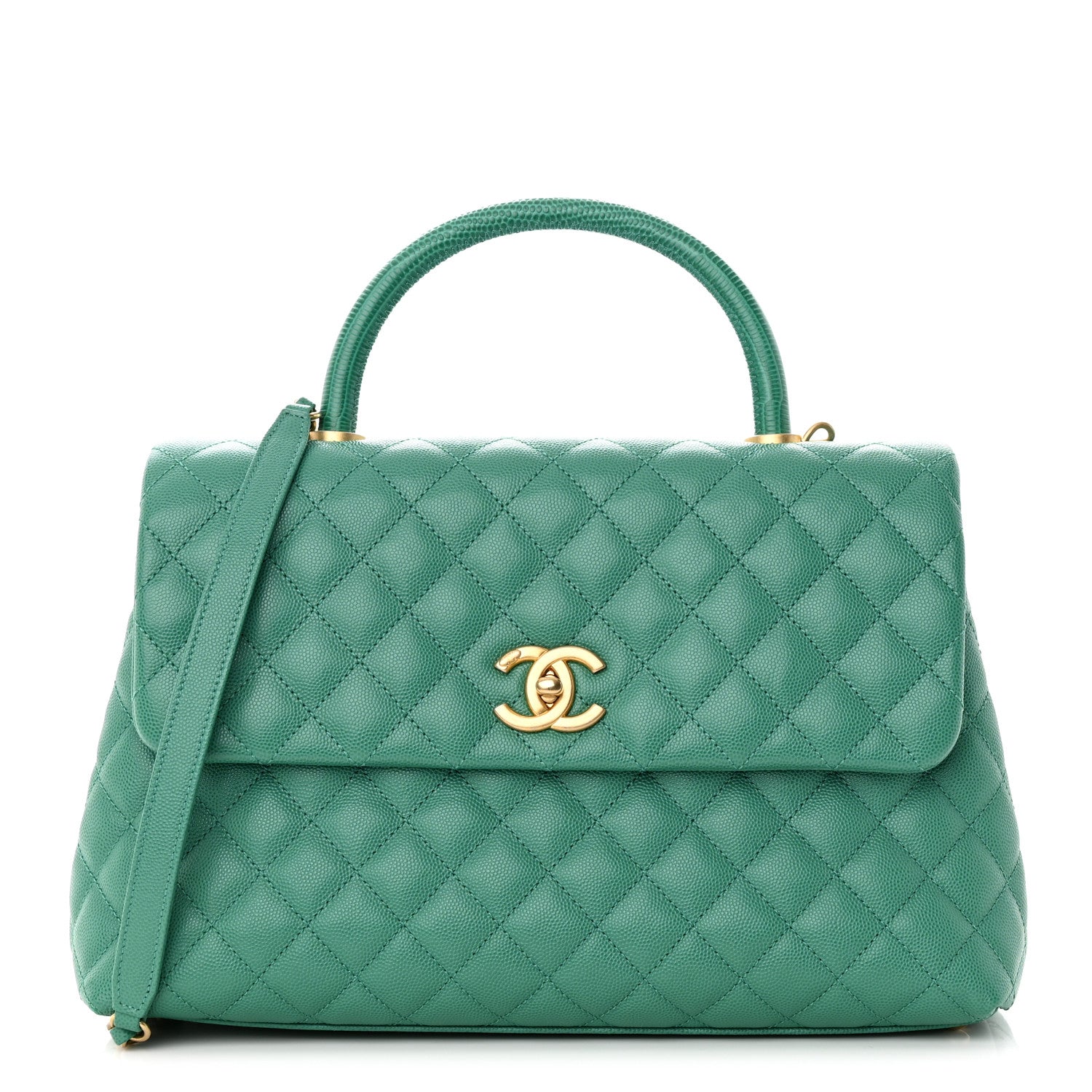 Chanel Caviar Quilted Medium Coco Lizard Embossed Handle Flap Green 1 of 11