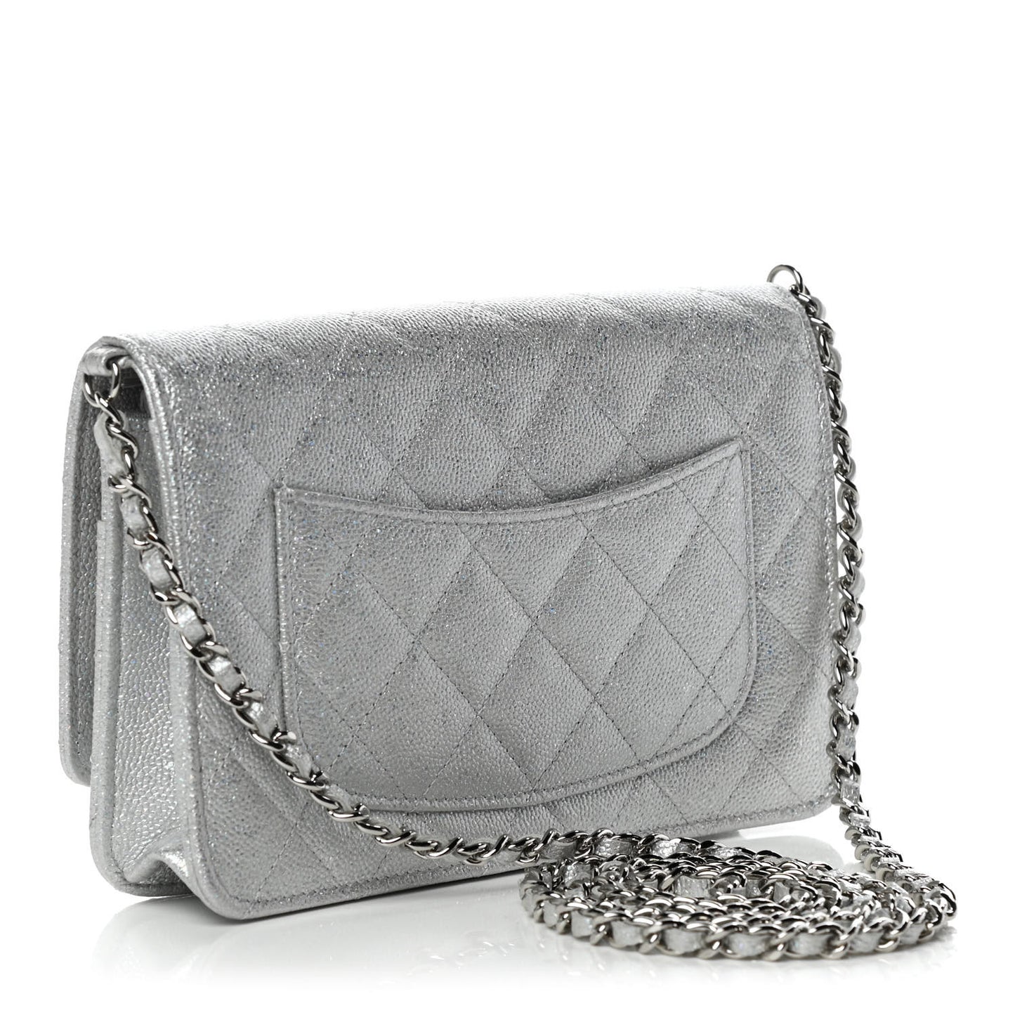 Glittered Metallic Caviar Quilted Wallet On Chain WOC Silver