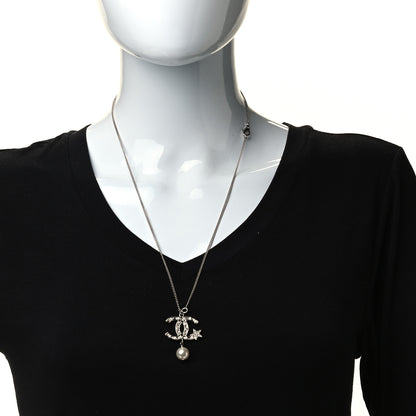 Chanel Crystal CC Star Pearl Drop Necklace Silver 2 of 5