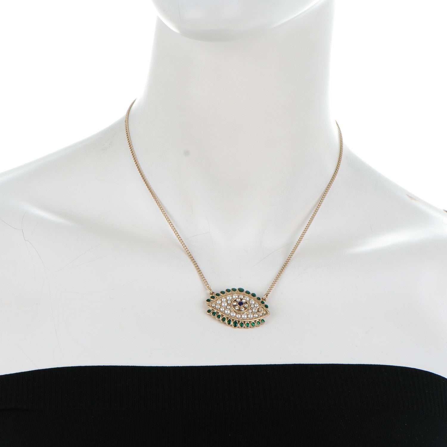 Chanel Resin Crystal Glass Pearl Eye Pendant Necklace Gold Multicolor 2 of 5