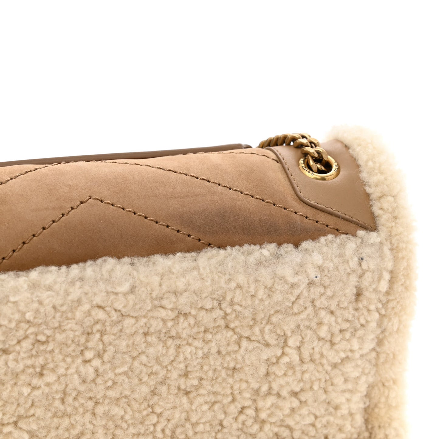 Nubuck Shearling Monogram Baby Niki Chain Satchel Ivory Natural Tan