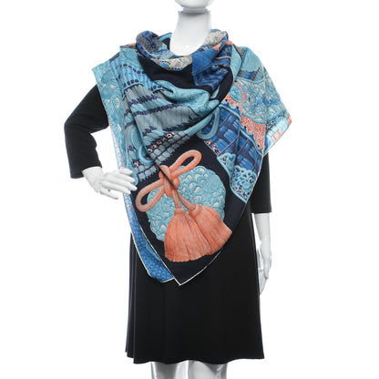 Hermes Cashmere Silk Parures De Samourais Shawl 140 Caban Bleu Ciel Saumon 2 of 4