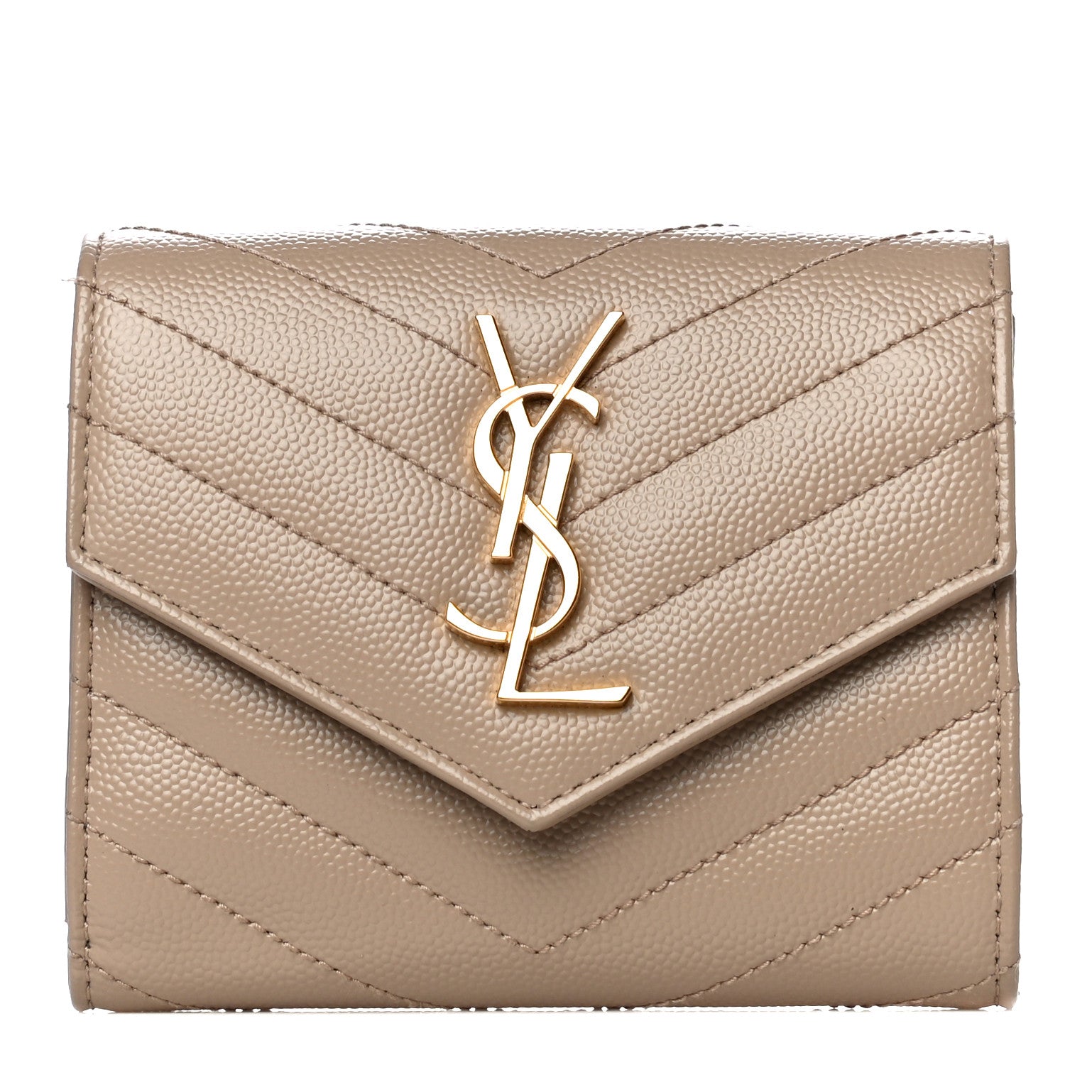 Saint Laurent Grain De Poudre Matelasse Chevron Monogram Compact Tri Fold Wallet Dark Beige 1 of 13
