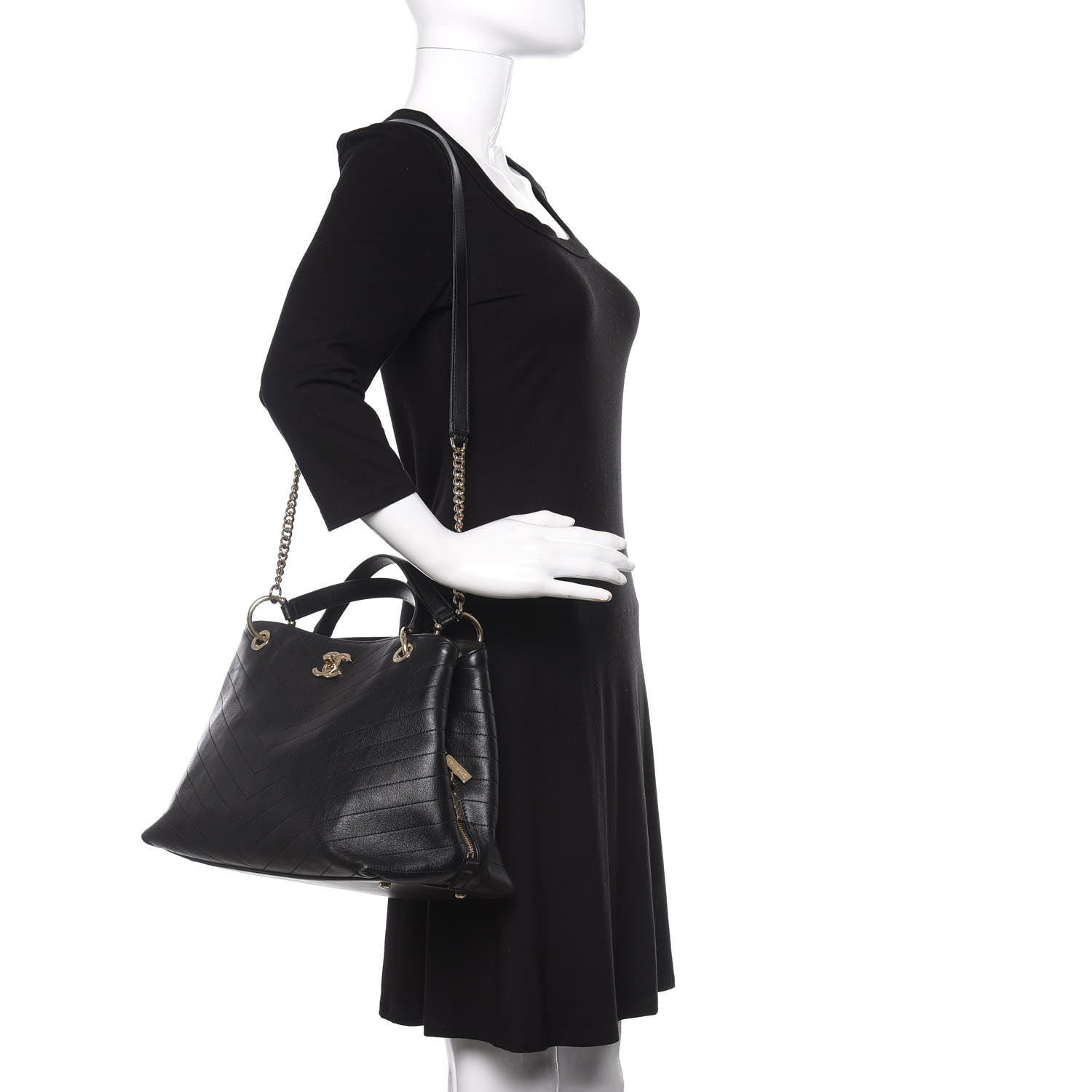 Chanel Calfskin Stitched Large Chevron Chic Shopping Bag Black 3 of 10