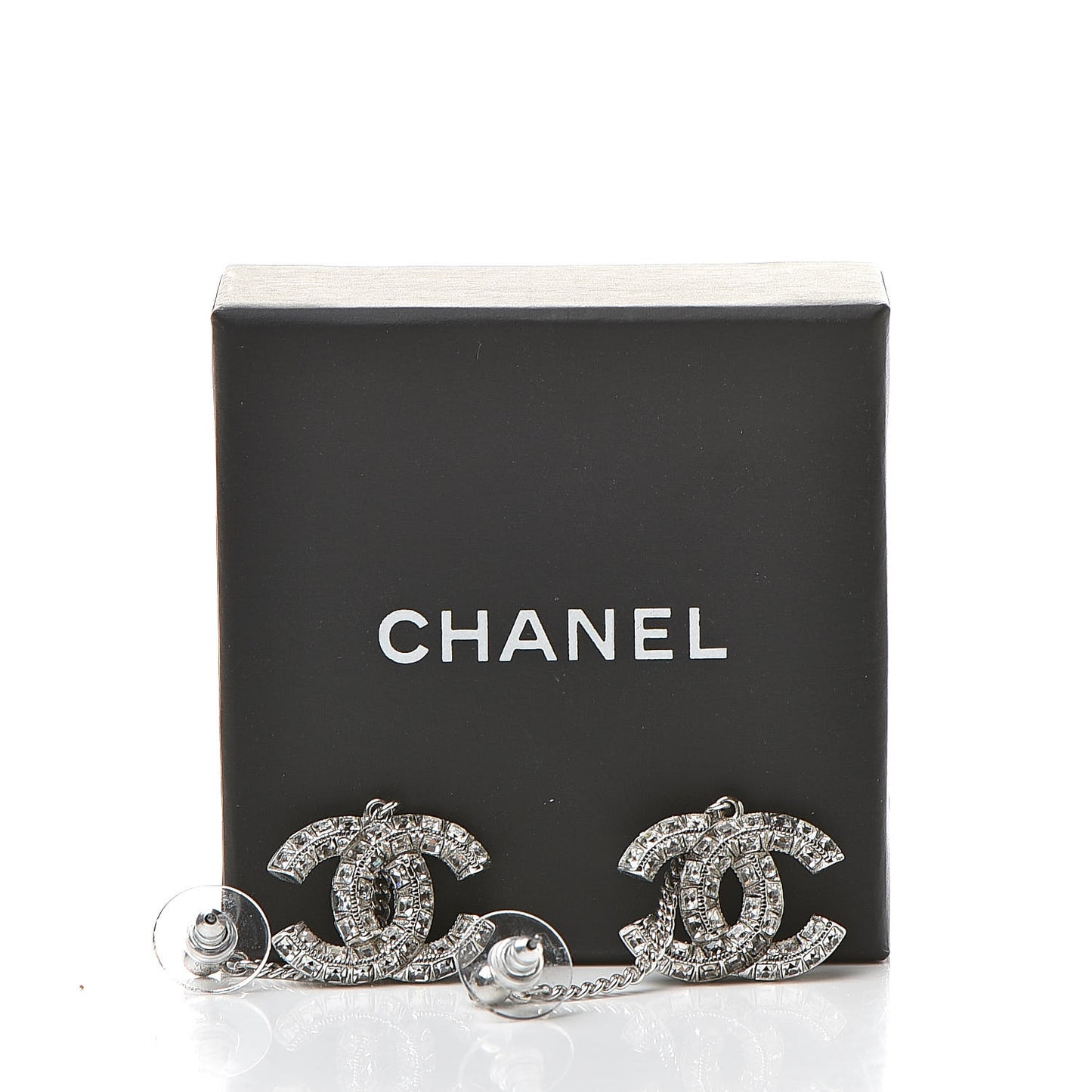 Baguette Crystal CC Drop Earrings Silver