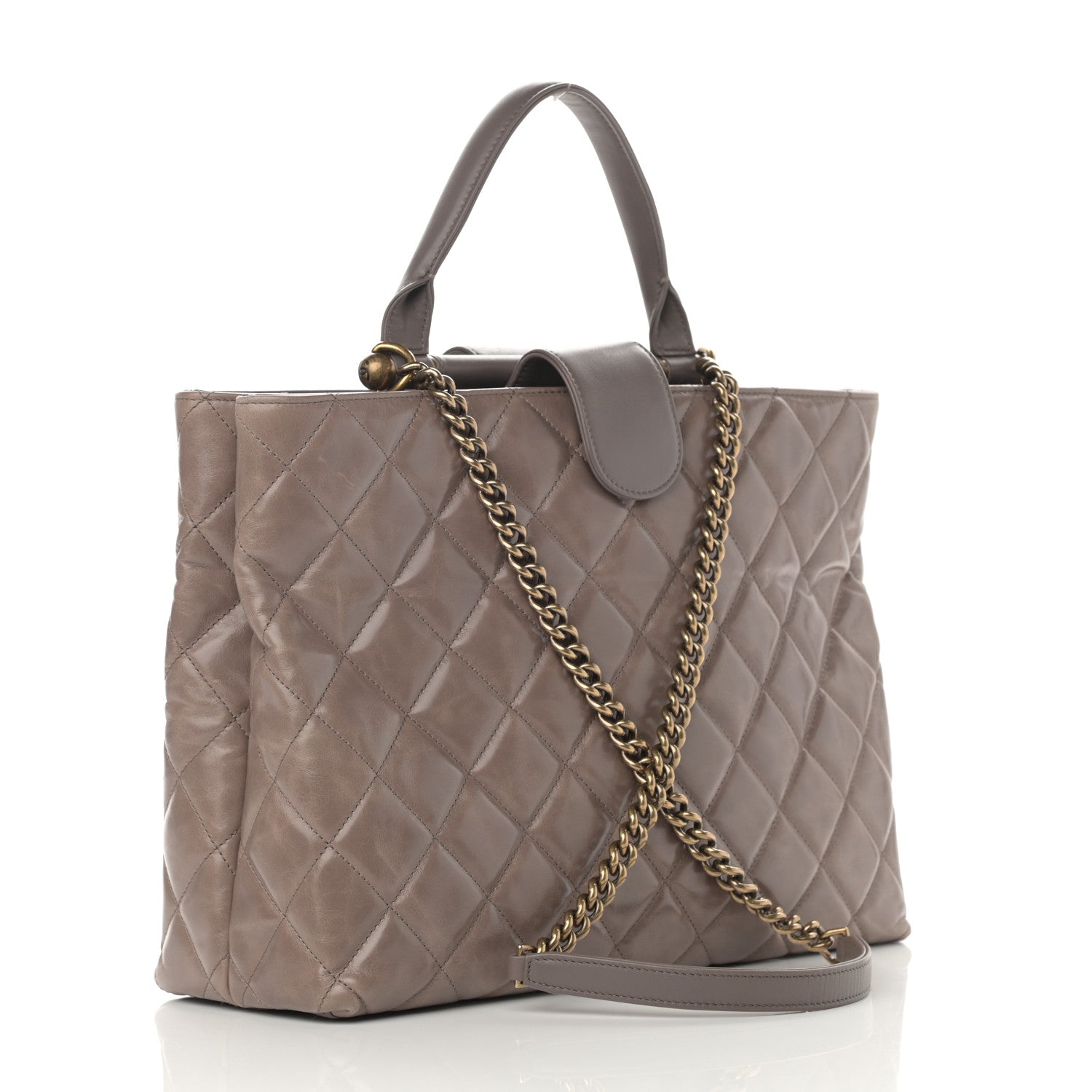 Chanel Glazed Calfskin Quilted Gold Bar Tote Dark Grey 2 of 11