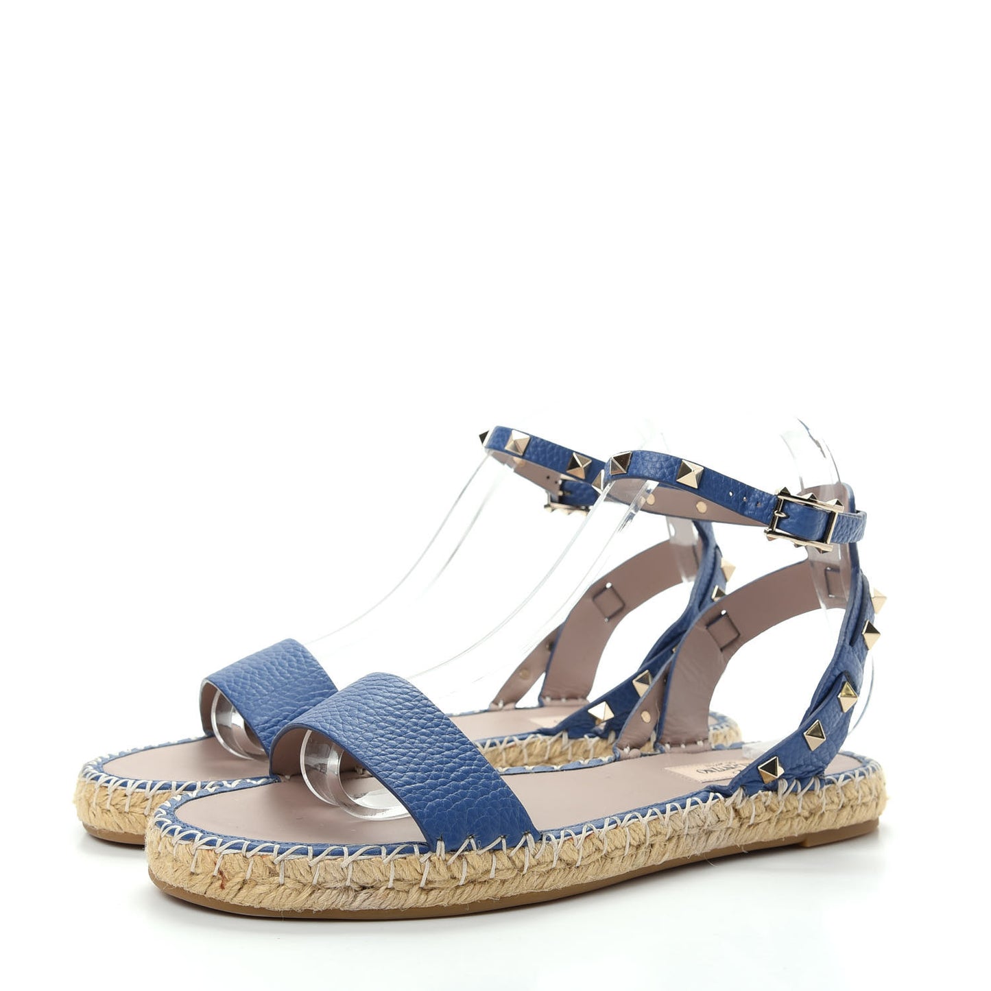 Grained Calfskin Rockstud Ankle Strap Espadrille Flat Sandals 40 Baltique