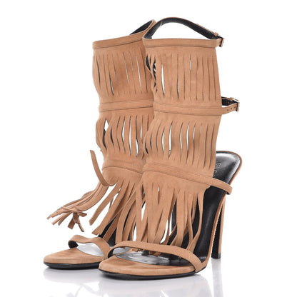 Gucci Suede Fringe Becky High Heel Sandals 38.5 Sand 3 of 11