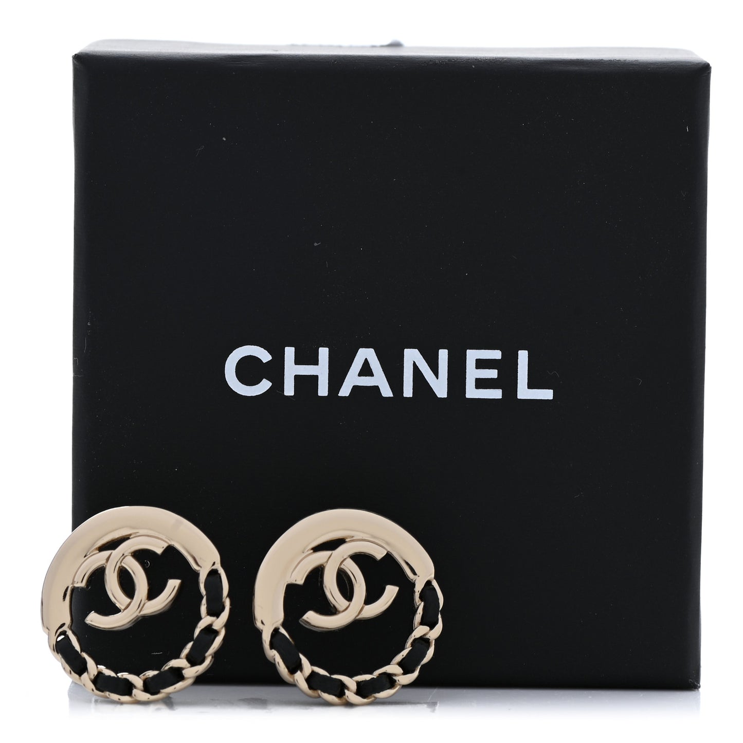 Lambskin Chain CC Round Earrings Gold Black