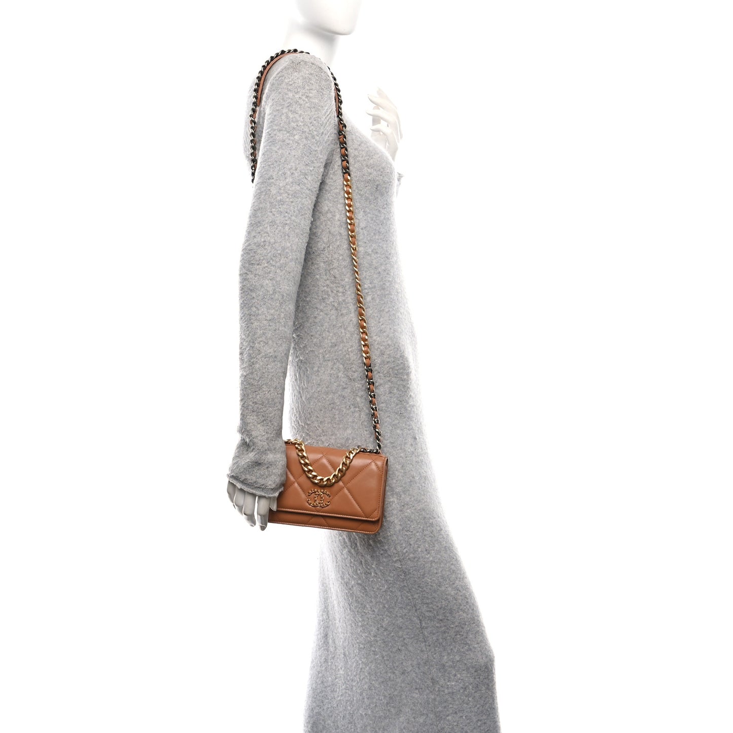 Lambskin Quilted Chanel 19 Wallet On Chain WOC Brown