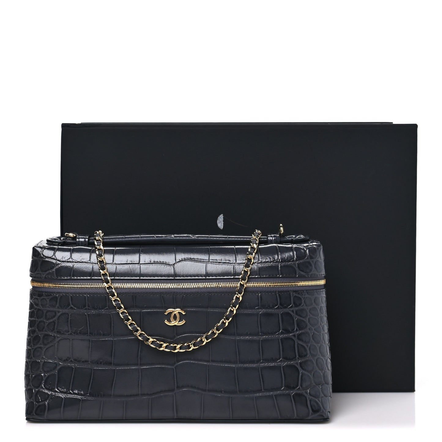Calfskin Crocodile Embossed Exoticoco Large Supple Trapeze Vanity With Chain  Grey