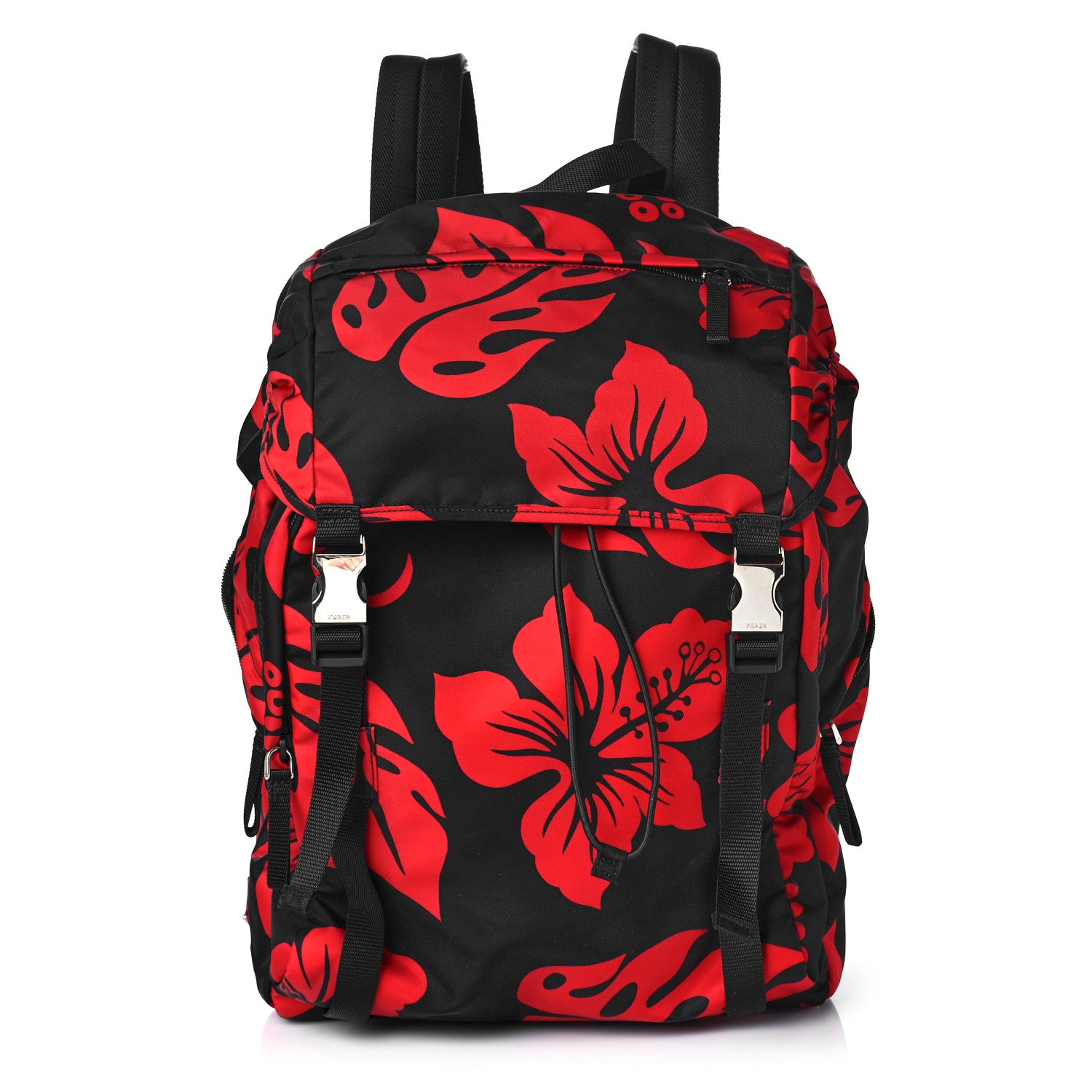 Prada Tessuto Hibiscus Print Double Buckle Backpack Black Rosso 1 of 9