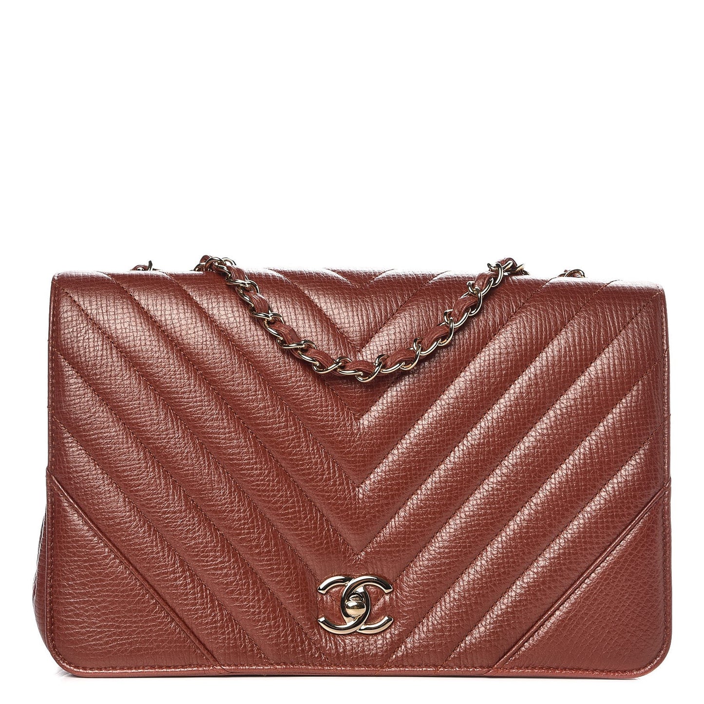Metallic Calfskin Chevron Quilted Medium Statement Flap Brown
