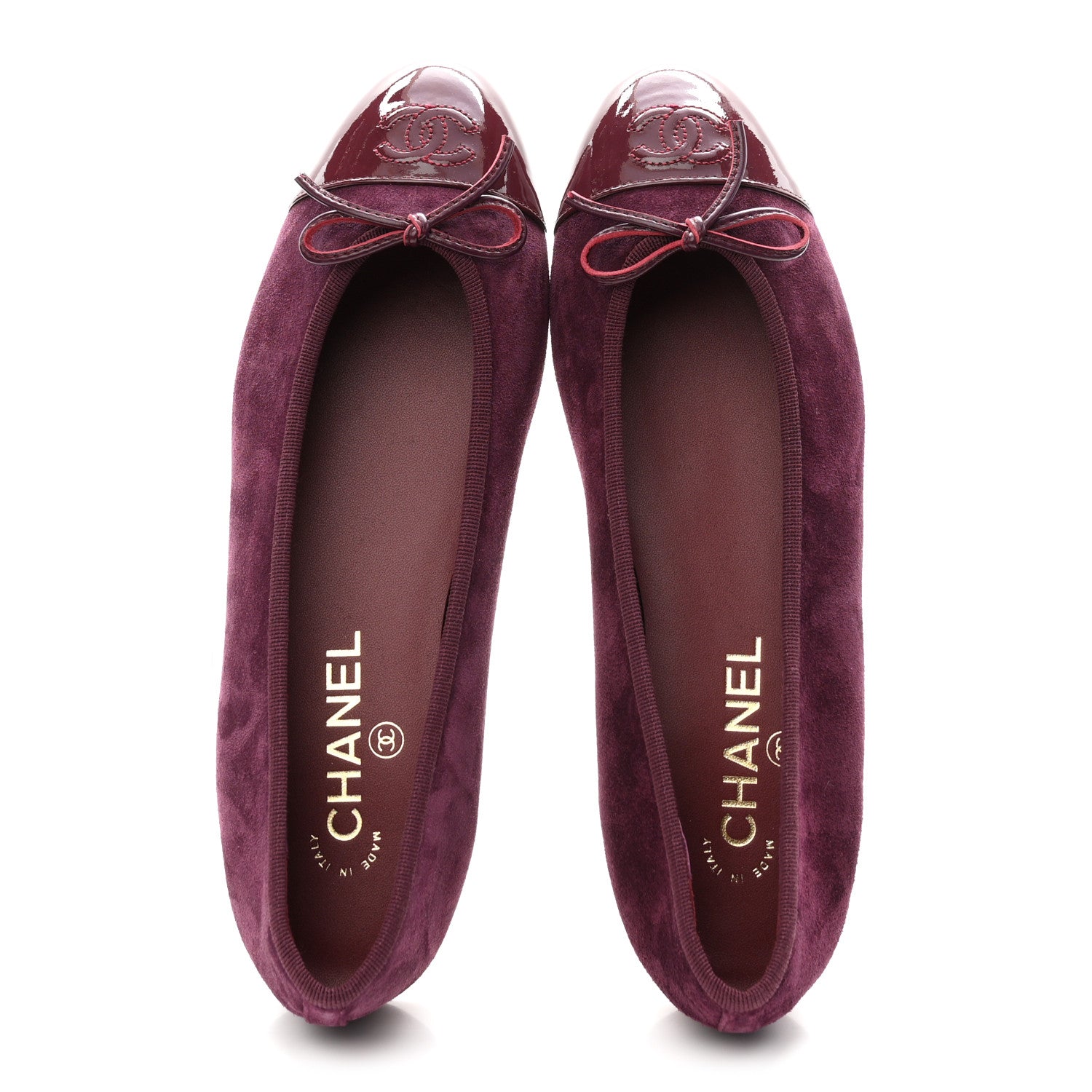 Chanel Suede Calfskin Patent Cap Toe CC Ballerina Flats 39 Burgundy 2 of 10