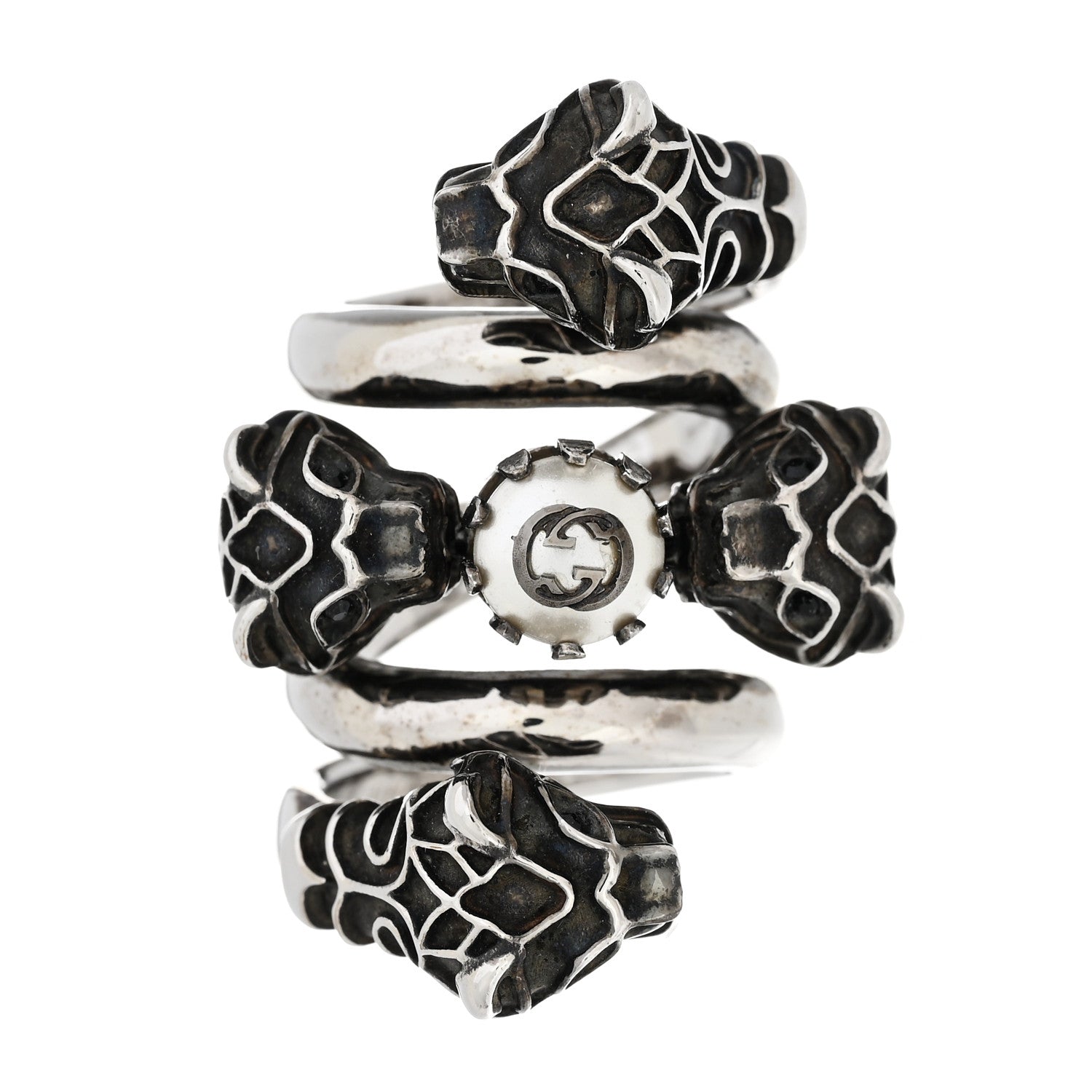 Gucci Pearl Tiger Heads Double Wrap Ring 6.5 Silver 1 of 7