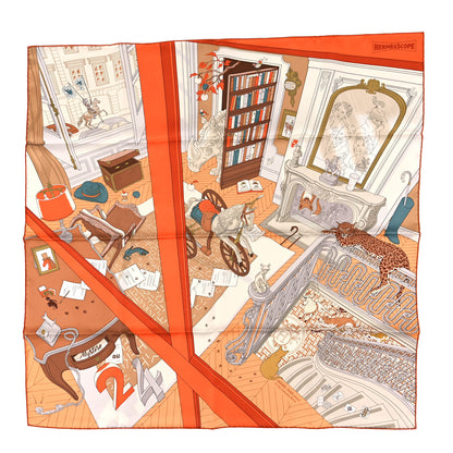 Hermes Silk Mystere Au 24 Faubourg Scarf 90 Orange White Marron 1 of 3