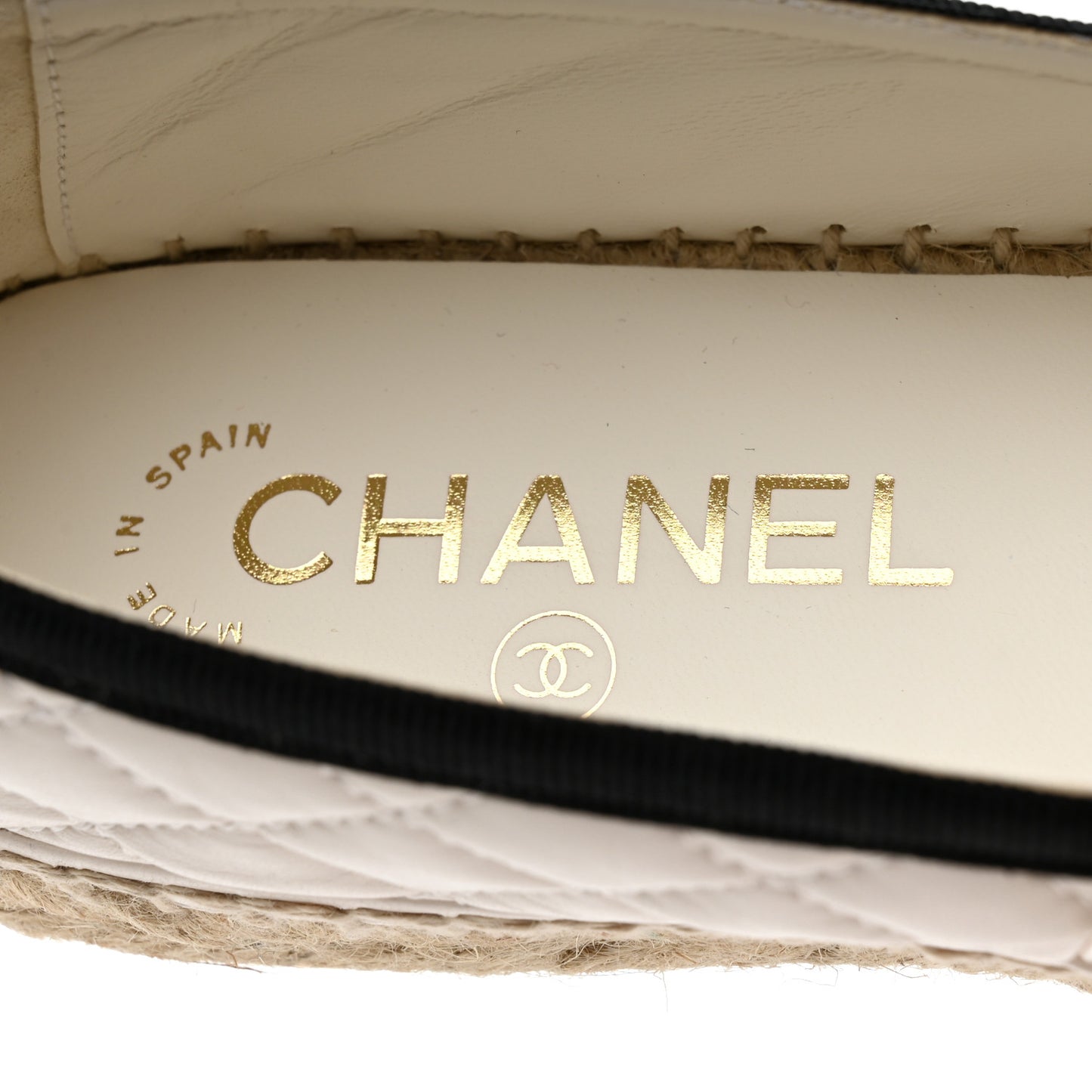 Lambskin Grosgrain Quilted CC Chain Espadrilles 36 White Black