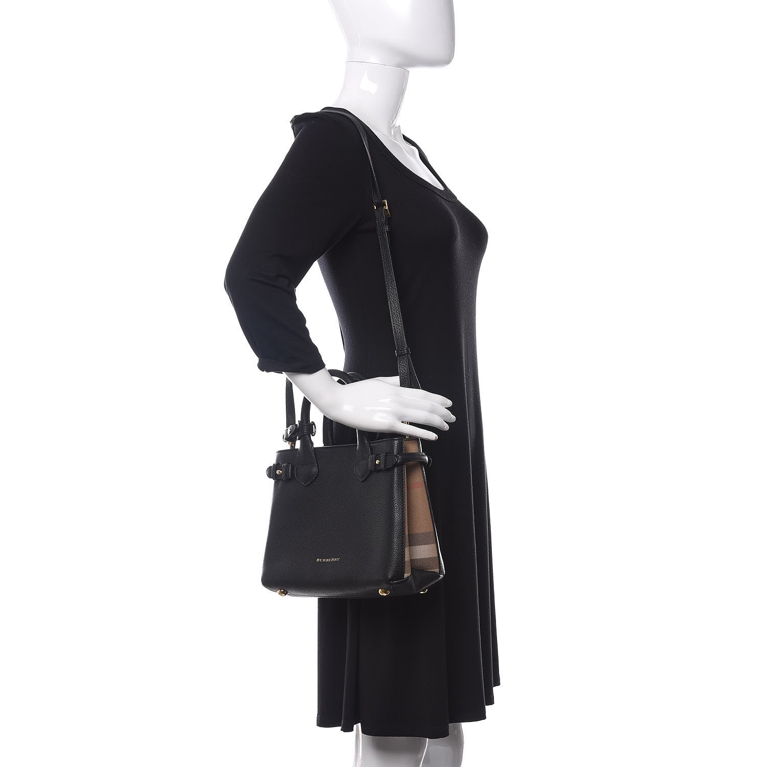 Burberry Grainy Calfskin House Check Small Banner Tote Black 2 of 9