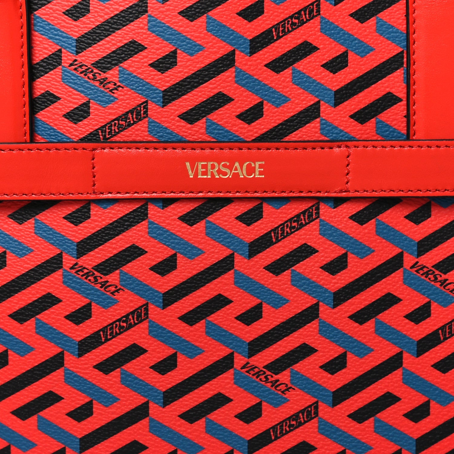 Versace Coated Canvas Calfskin La Greca Signature Tote Bag Blue Red 7 of 11