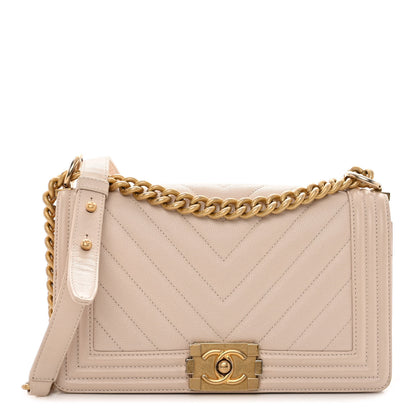 Chanel Caviar Chevron Quilted Medium Boy Flap Light Beige 1 of 12