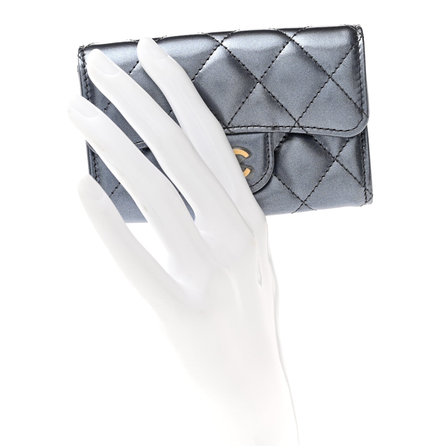 Metallic Lambskin Quilted Flap Card Holder Wallet Dark Blue