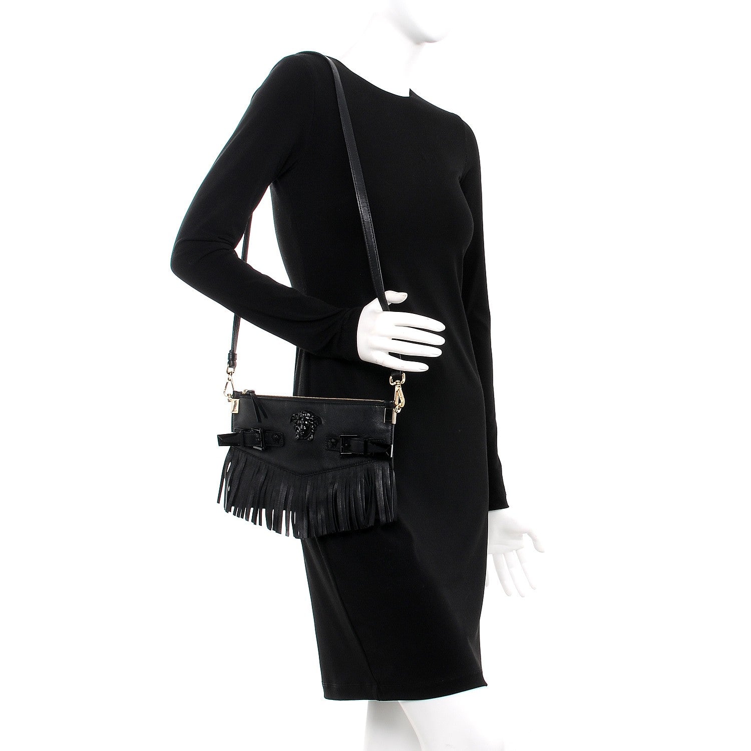 Versace Calfskin Palazzo Fringe Crossbody Bag Black 2 of 8