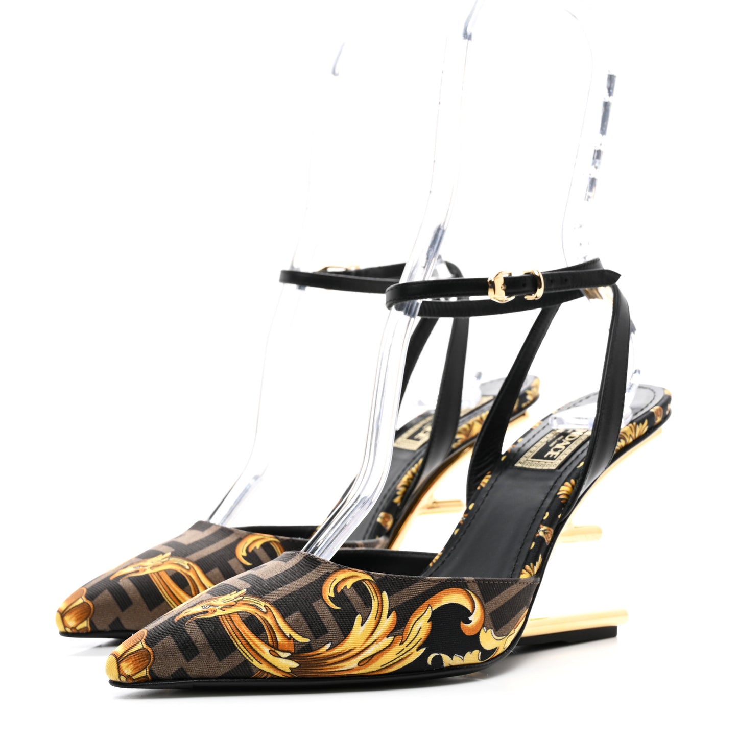 X VERSACE Silk Calfskin Fendace Fendi First 95mm Slingback Sandals 36 Tobacco Black Gold
