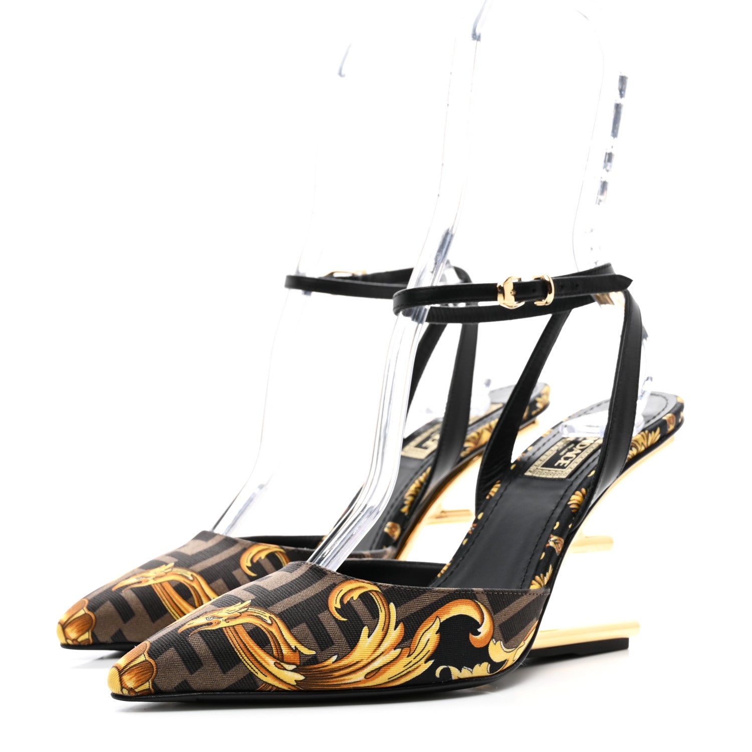 Fendi X VERSACE Silk Calfskin Fendace Fendi First 95mm Slingback Sandals 36 Tobacco Black Gold 3 of 9