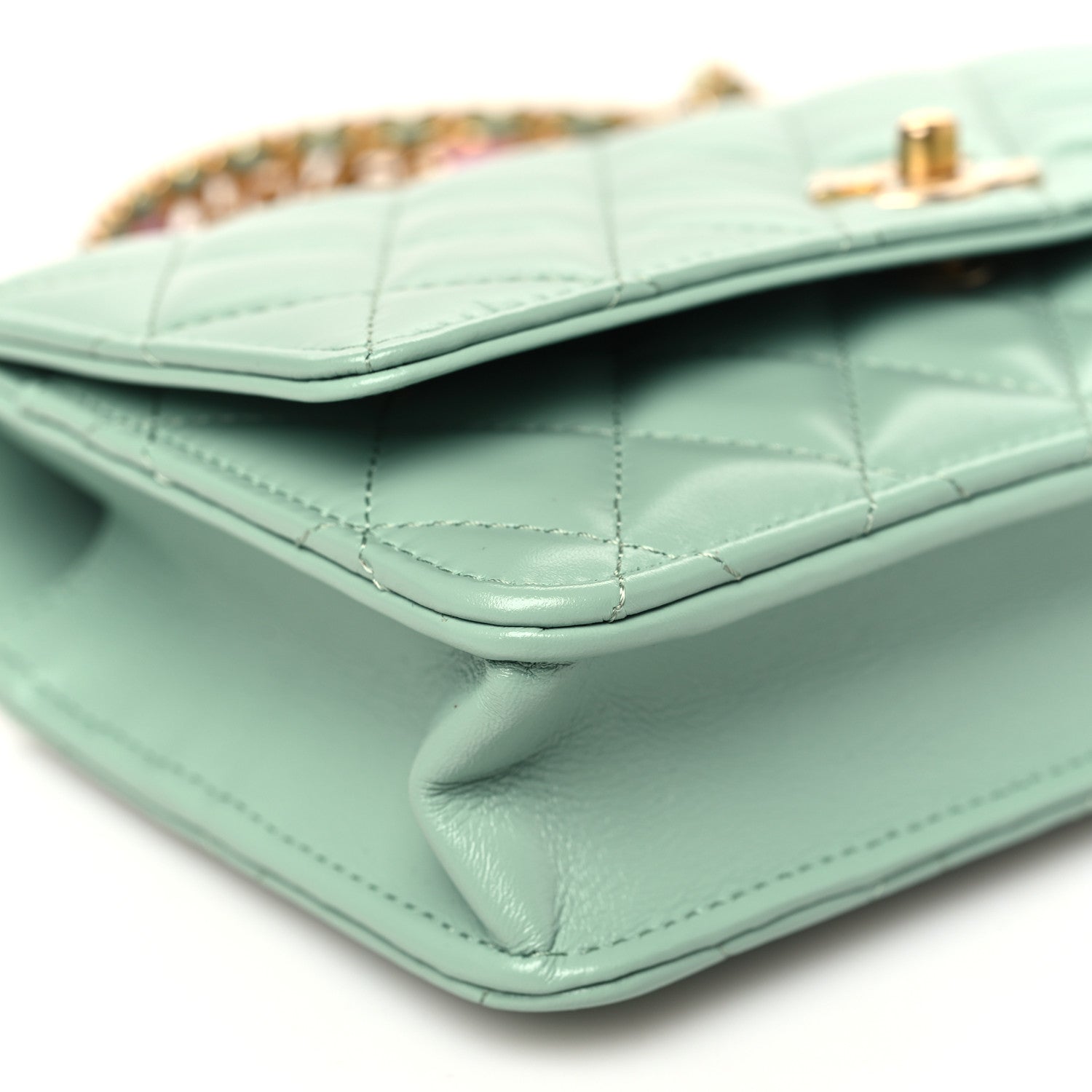 Chanel Shiny Calfskin Quilted Metal Top Handle Wallet On Chain WOC Light Green 10 of 11