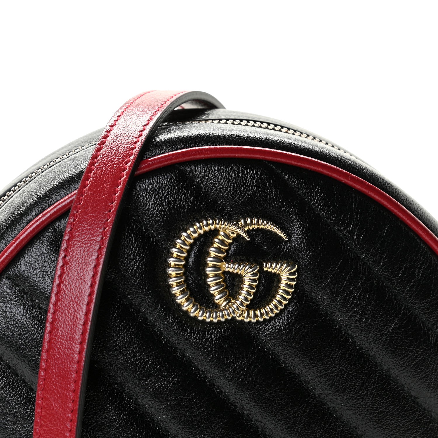 Gucci Vintage Effect Calfskin Matelasse Diagonal Mini Torchon GG Marmont Round Shoulder Bag Black Romantic Cherry 10 of 10
