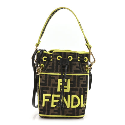 Fendi Fabric Jacquard Shiny Nappa FF 1974 Logo Threaded Edge Mini Mon Tresor Bucket Bag Tobacco Moro Giallo Fluo 1 of 9