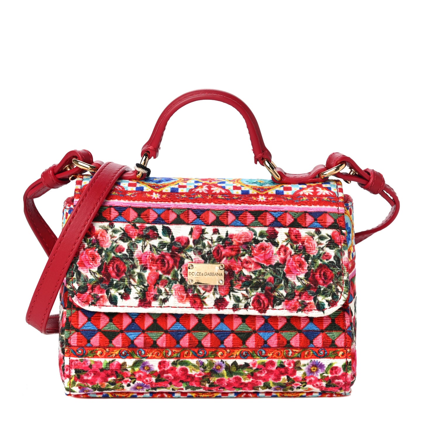 Woven Cotton Calfskin Floral Micro Sicily Satchel Red Multicolor