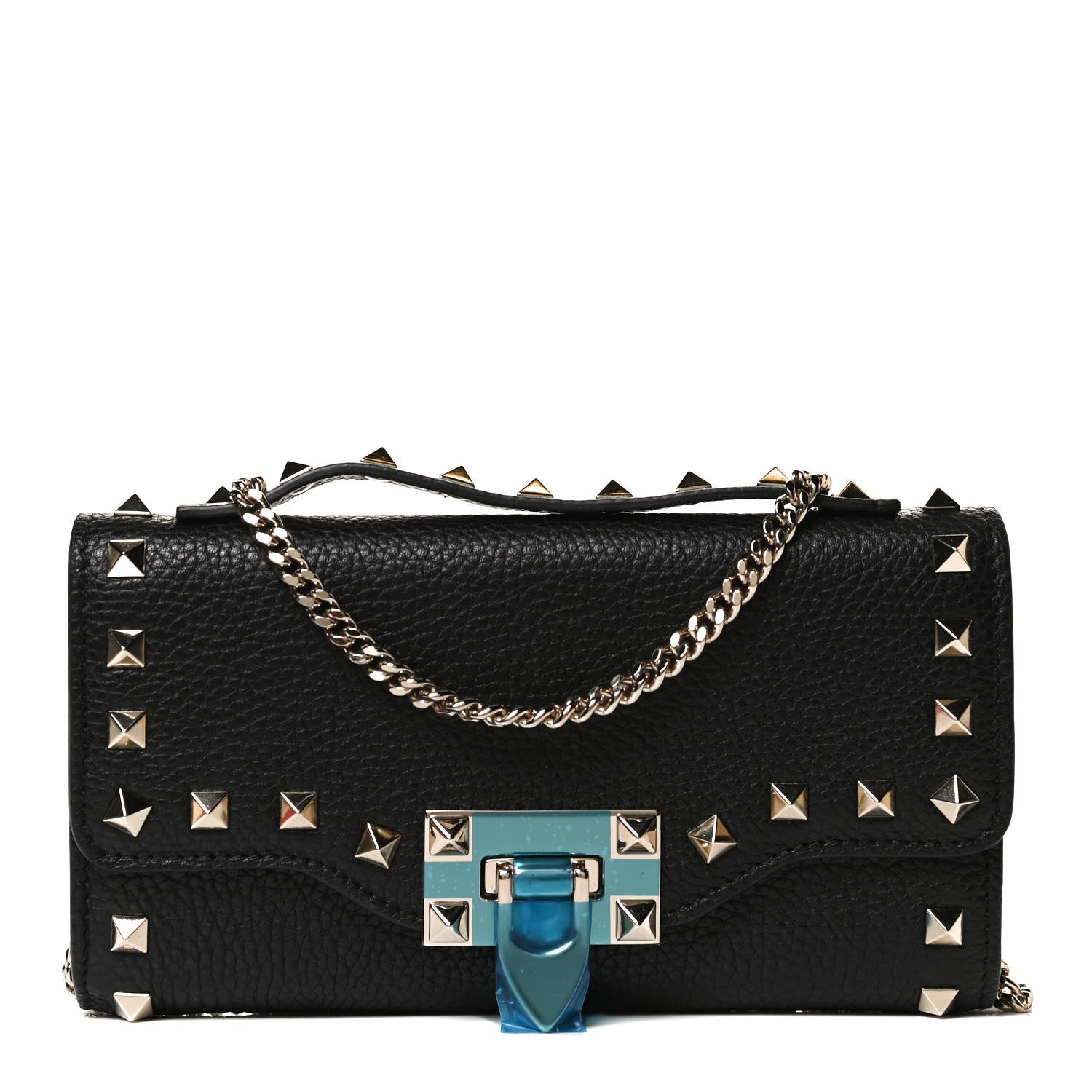 Valentino Garavani Pebbled Calfskin Rockstud Flip Lock Wallet On Chain Black 1 of 14