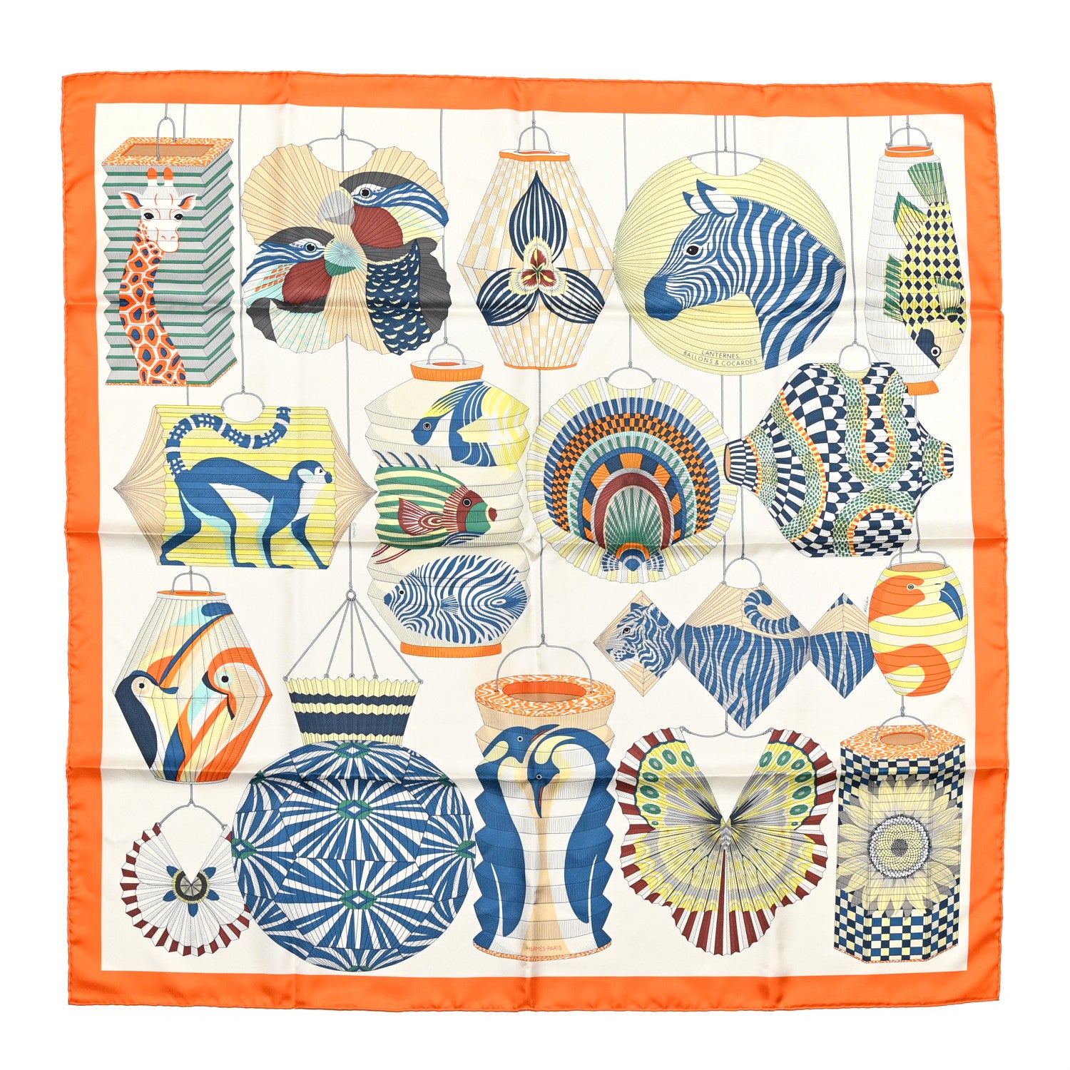 Hermes Silk Lanternes Ballons et Cocardes Scarf 90 Orange Creme Vert 1 of 6