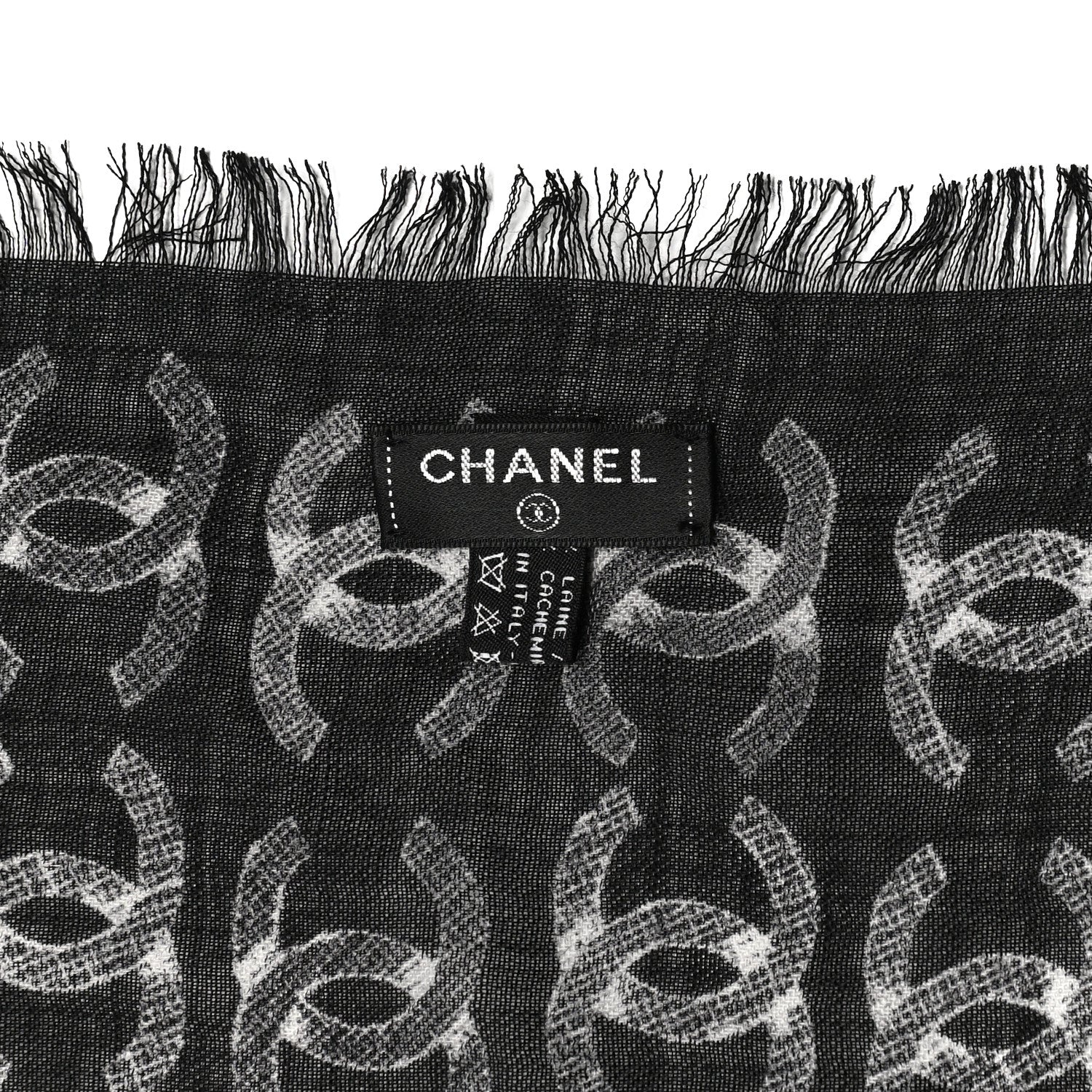 Chanel Cashmere Cotton Silk Logo Square Fringe Black White 3 of 3