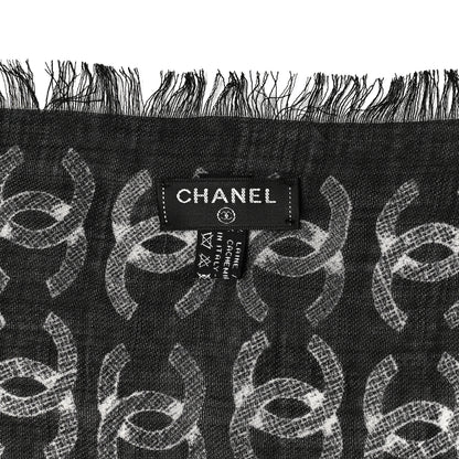 Chanel Cashmere Cotton Silk Logo Square Fringe Black White 3 of 3