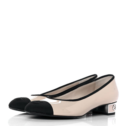 Chanel Patent Grosgrain Cap Toe Logo Flats 36 Beige Black 3 of 10