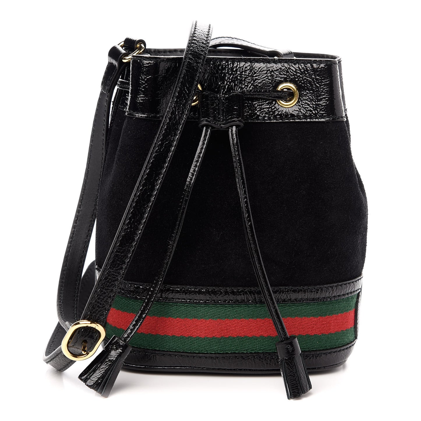 Suede Patent Web Mini Ophidia Bucket Bag Black