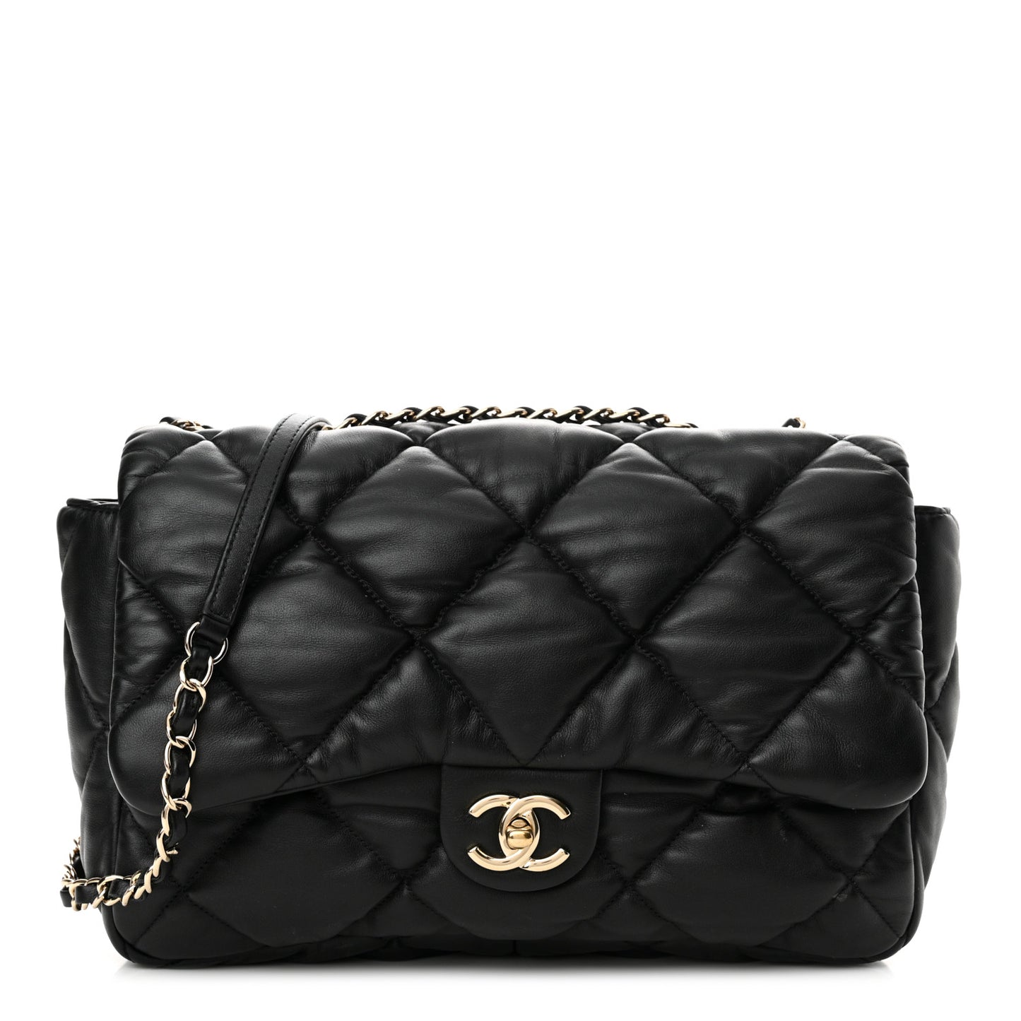 Calfskin Quilted Large Bubbly Flap Black
