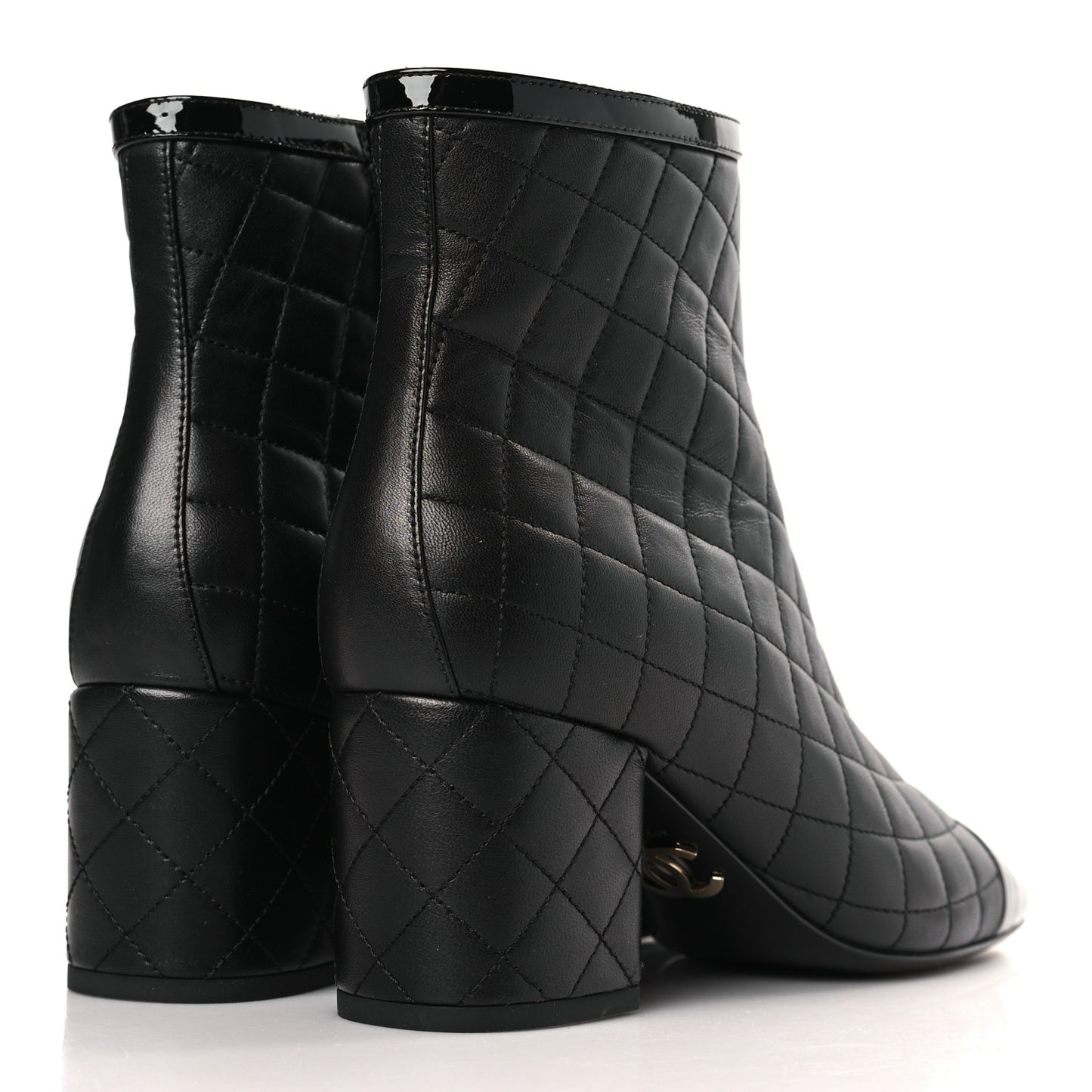 Lambskin Quilted Patent Cap Toe CC Booties 38 Black